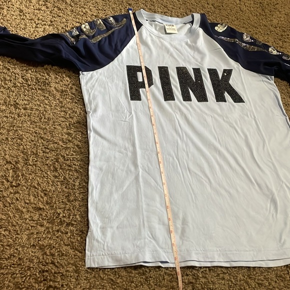 Ladies “PINK” long sleeve sequin accent top. Light blue w/navy sleeves Sz Small - Picture 8 of 11